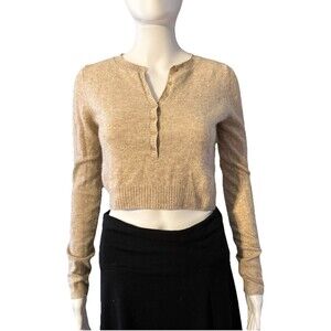 Reformation 100% Cashmere Cropped Henley Button Tan Oatmeal SZ S
